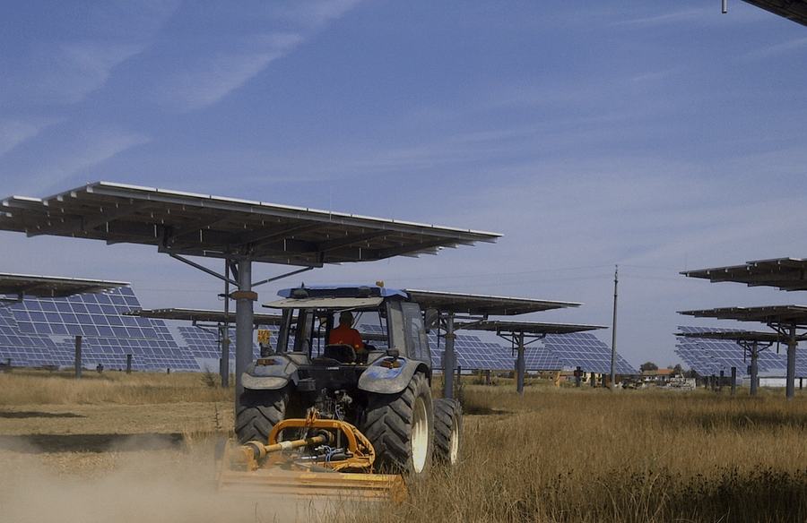 Un trattore lavora il campo passando sotto pannelli fotovoltaici montati su pali alti